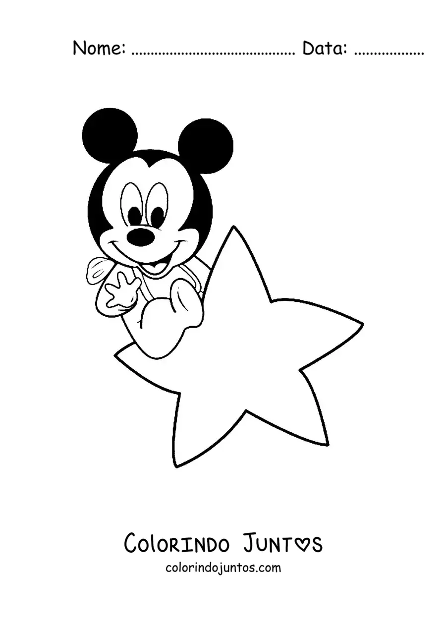 Desenho para colorir do Mickey bebê sentado sobre uma estrela