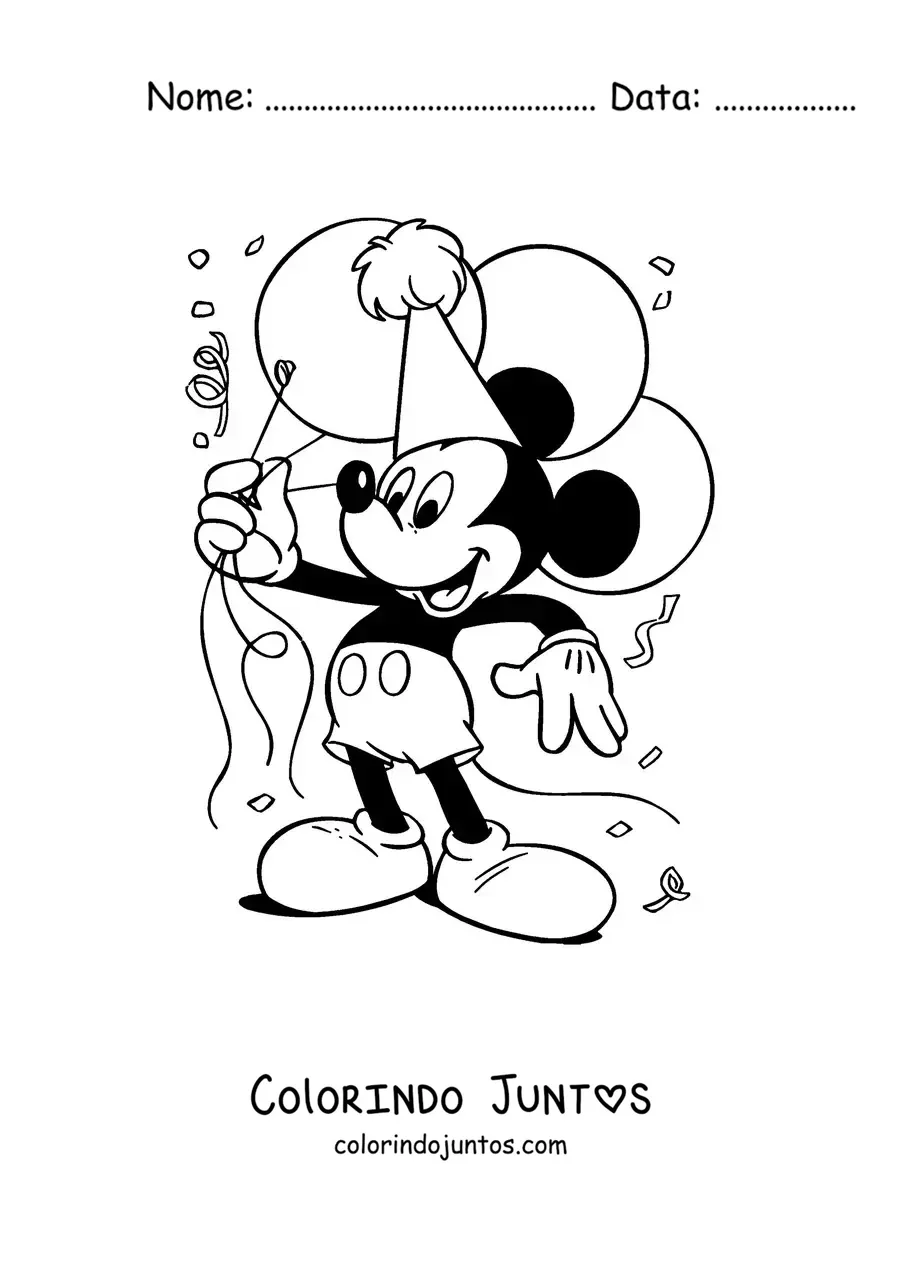 Desenho para colorir do Mickey feliz segurando vários balões de aniversário