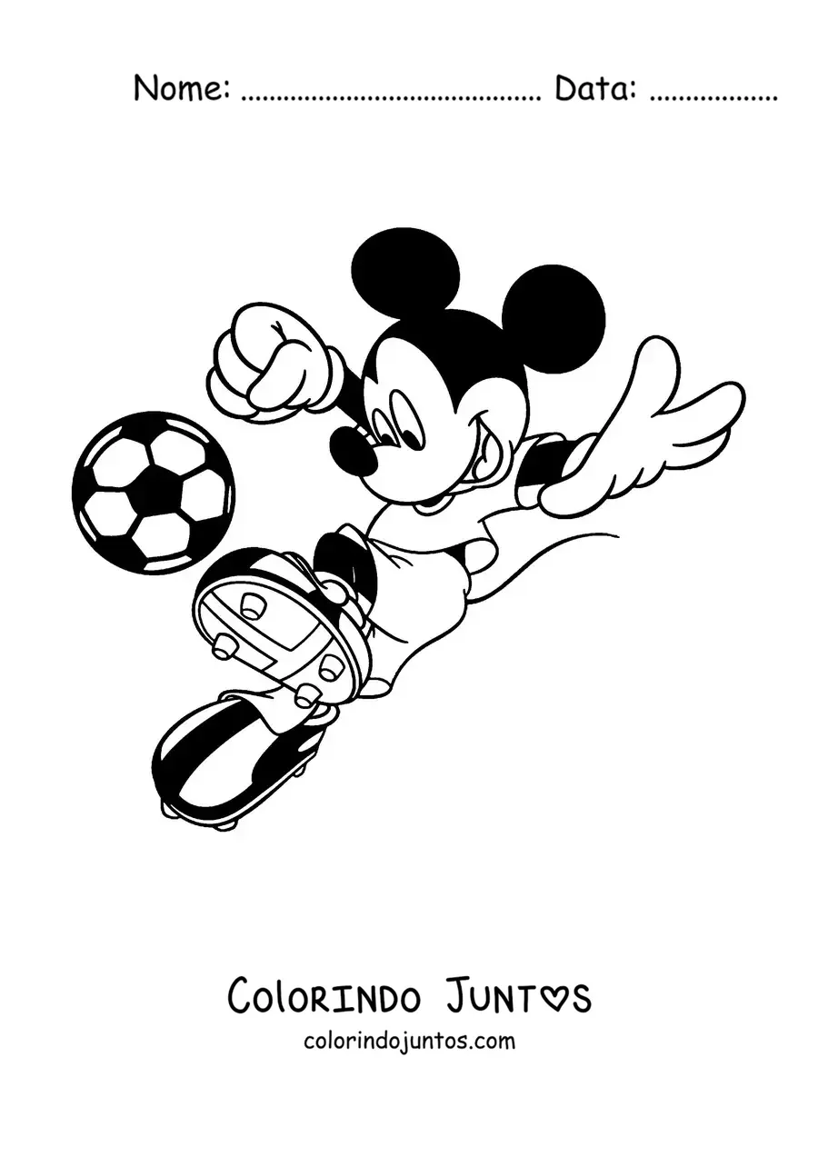 Desenho para colorir do Mickey chutando uma bola de futebol