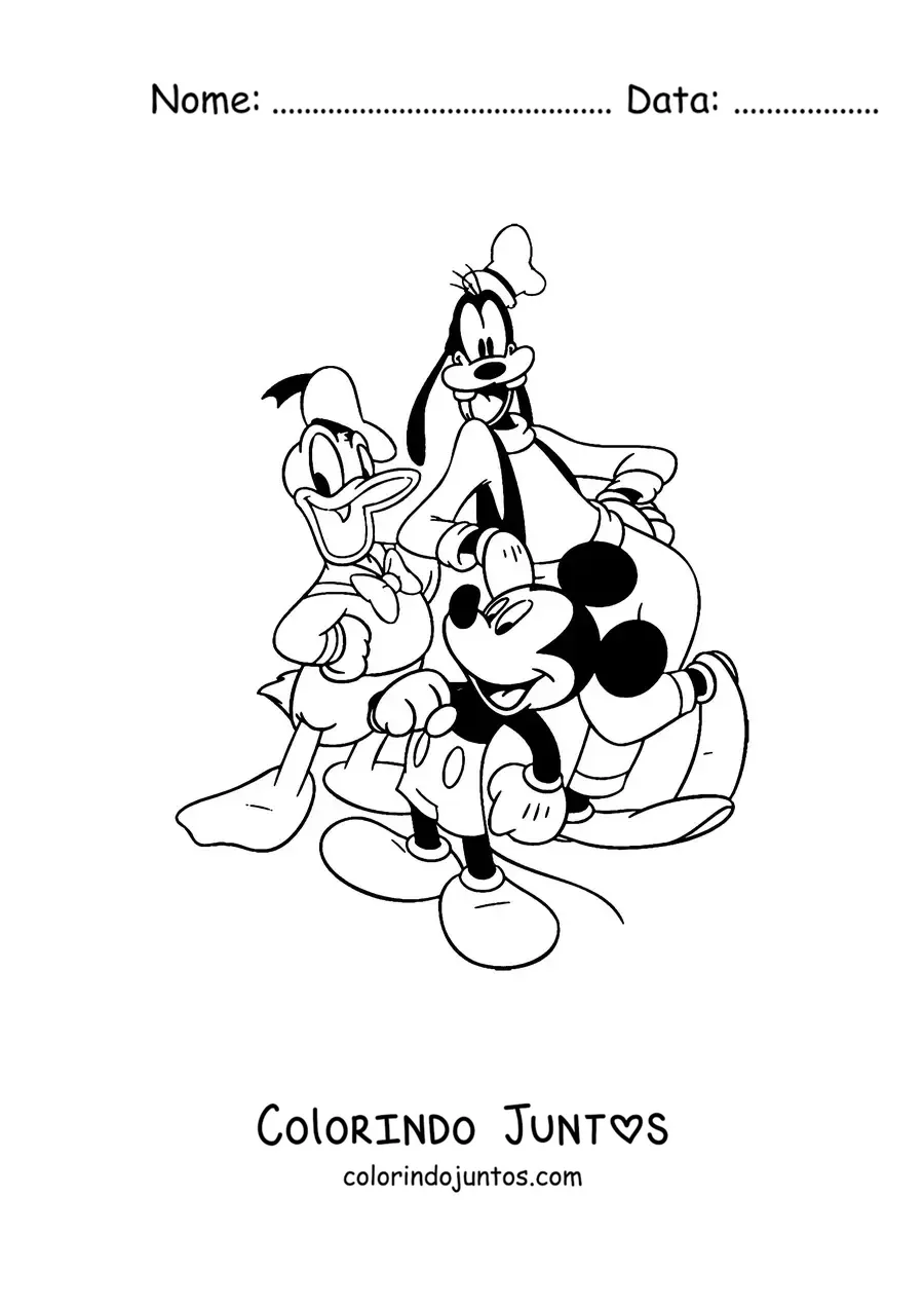 Desenho para colorir do Mickey junto com o Donald e o Pateta