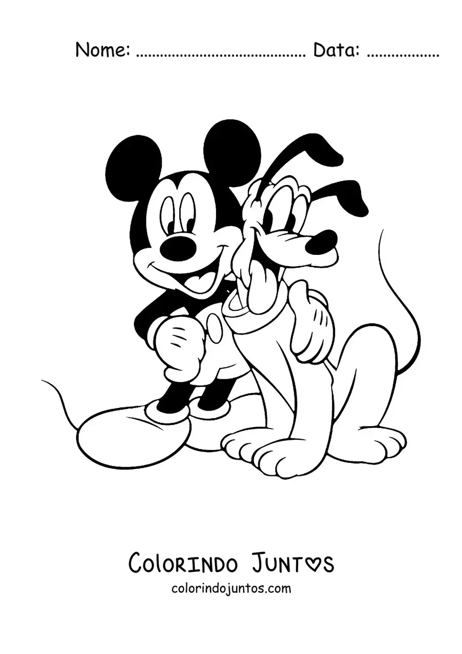 Desenho para colorir do Mickey abraçando o Pluto