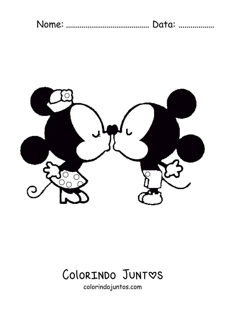 Desenho para colorir do Mickey kawaii beijando a Minnie