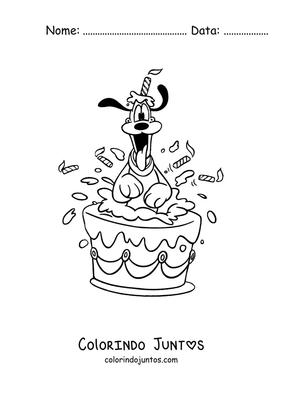 Desenho para colorir do Pluto saindo de dentro de um bolo de aniversário