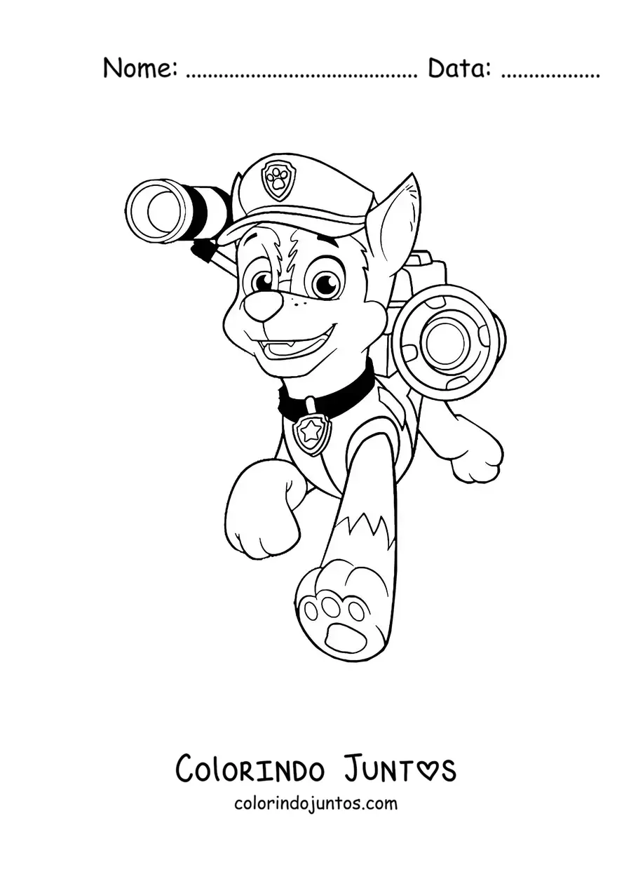 Desenho para colorir do Chase da Patrulha Canina correndo sorridente