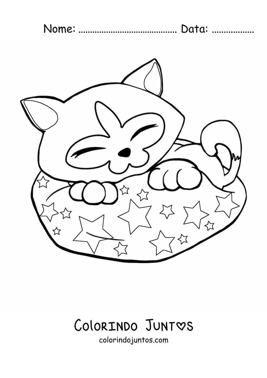 Desenho para colorir de um siamês dormindo em uma caminha com estampa de estrelas