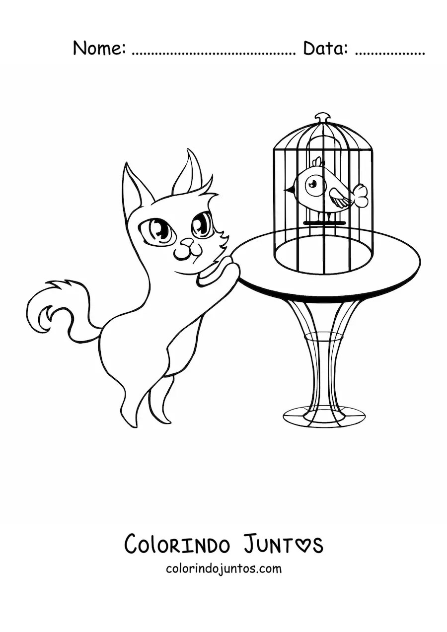 Desenho para colorir de um gato animado olhando um pássaro na gaiola sobre uma mesa