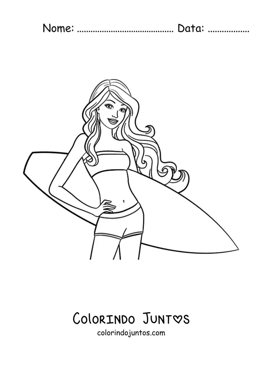 Desenho para colorir da Barbie na praia com uma prancha de surfe