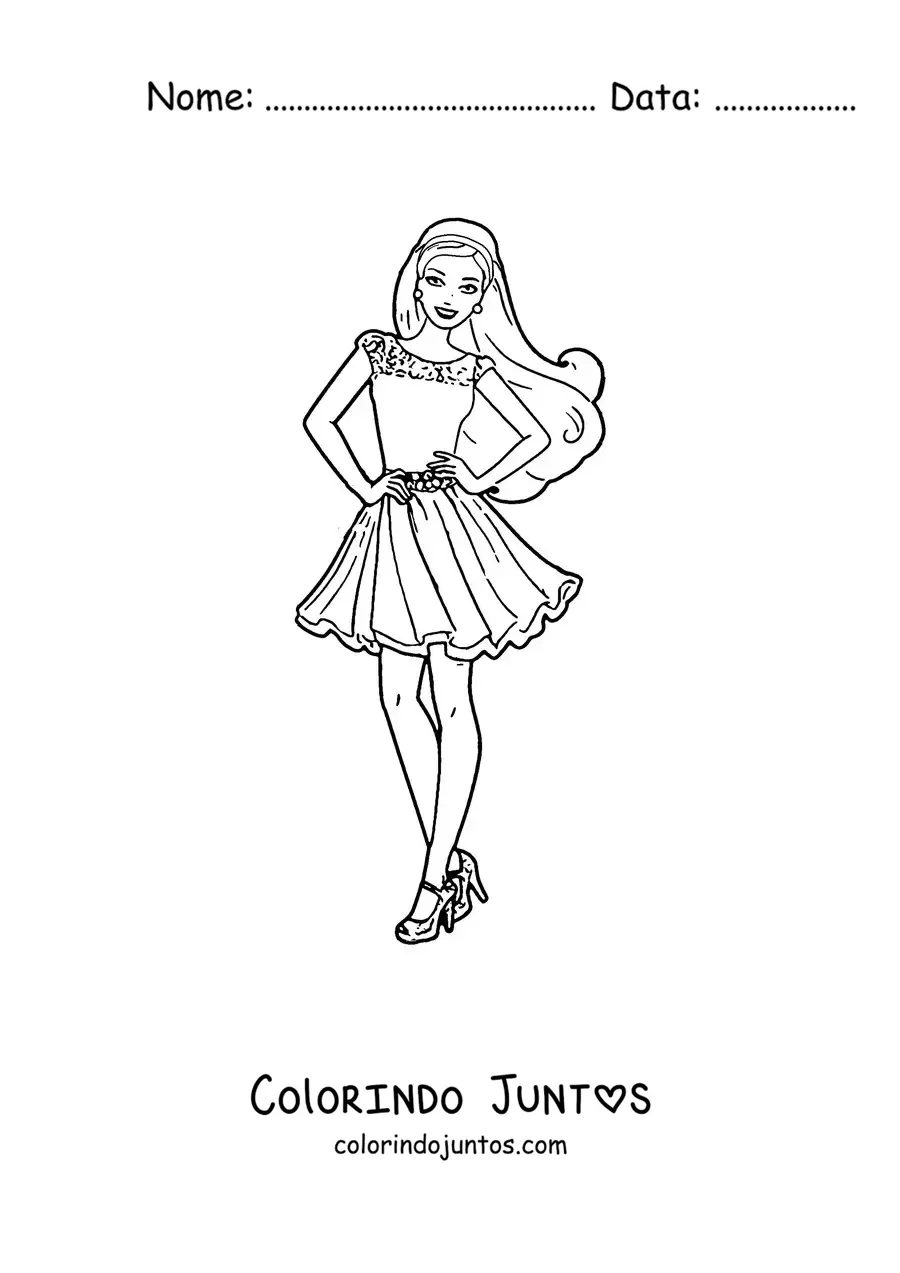 Desenho para colorir da Barbie usando um vestido