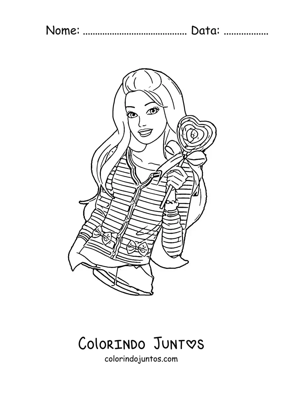 Desenho para colorir da Barbie segurando um pirulito em forma de coração