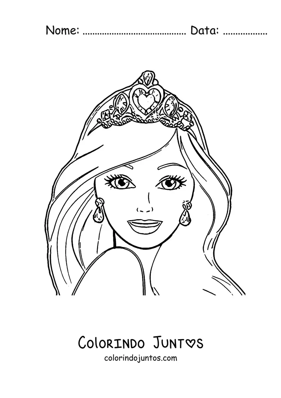 Desenho para colorir do rosto da Barbie com uma coroa de princesa