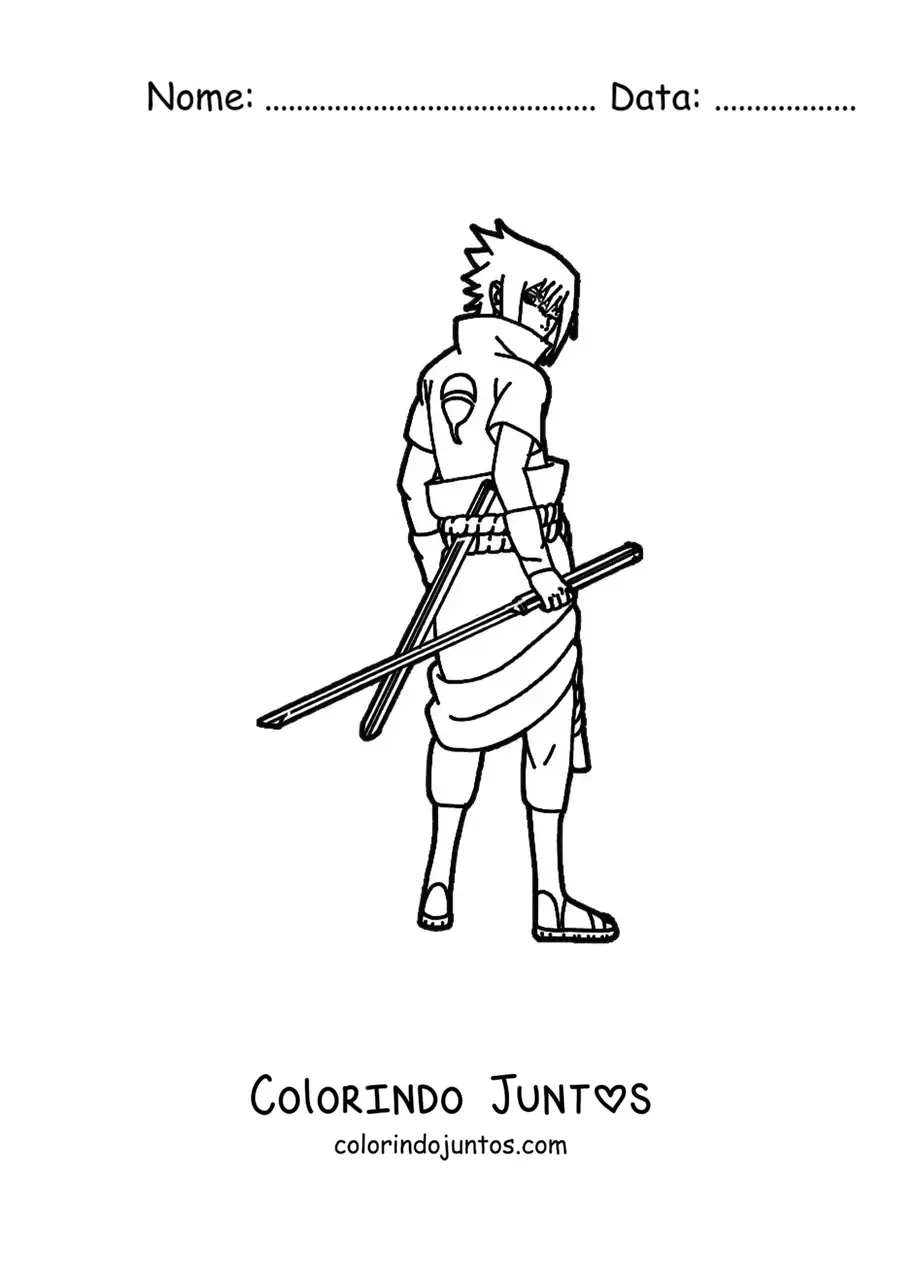 Desenho para colorir do Sasuke de pé, de costas