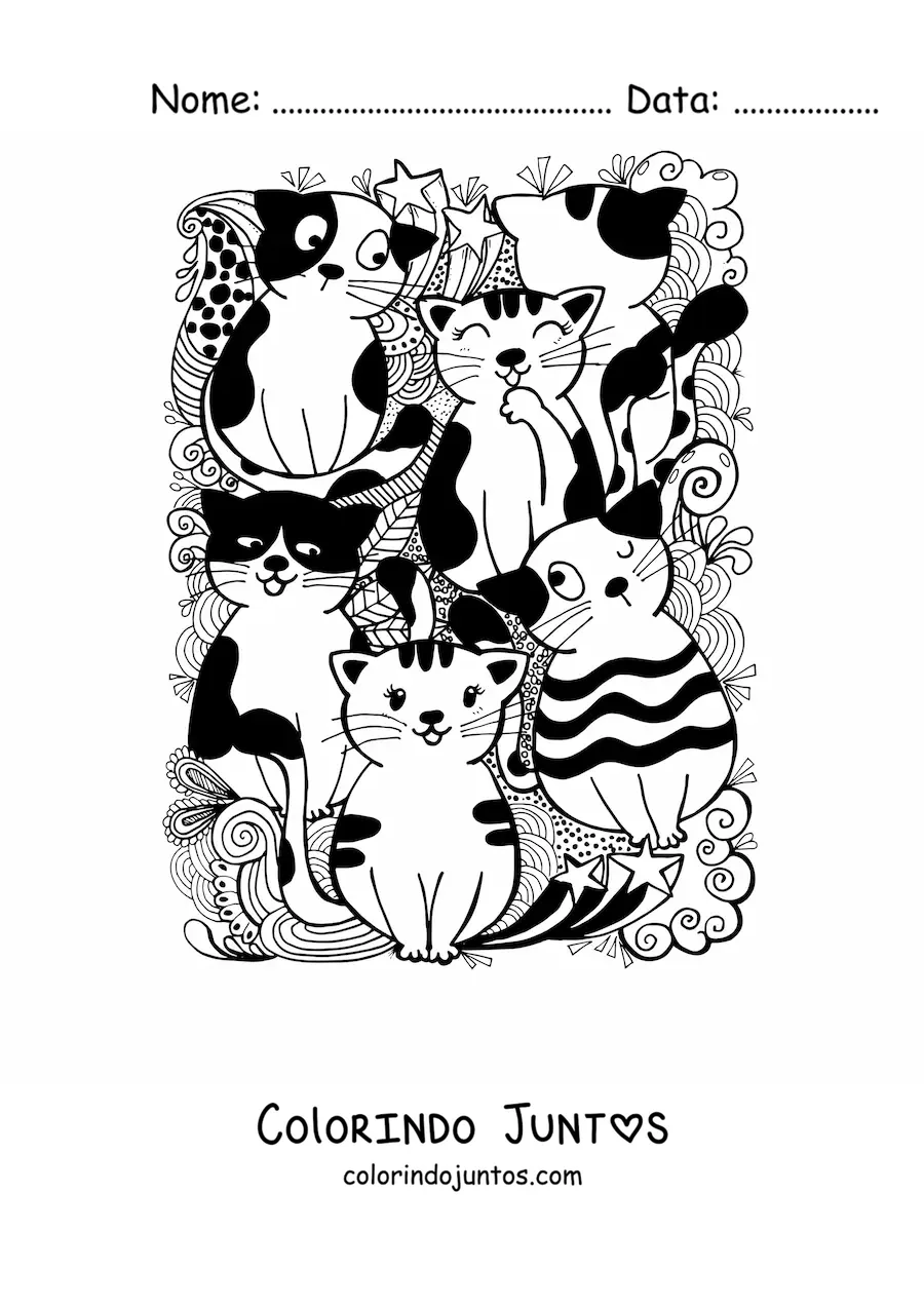 Desenho para colorir de gatos animados e rabiscos
