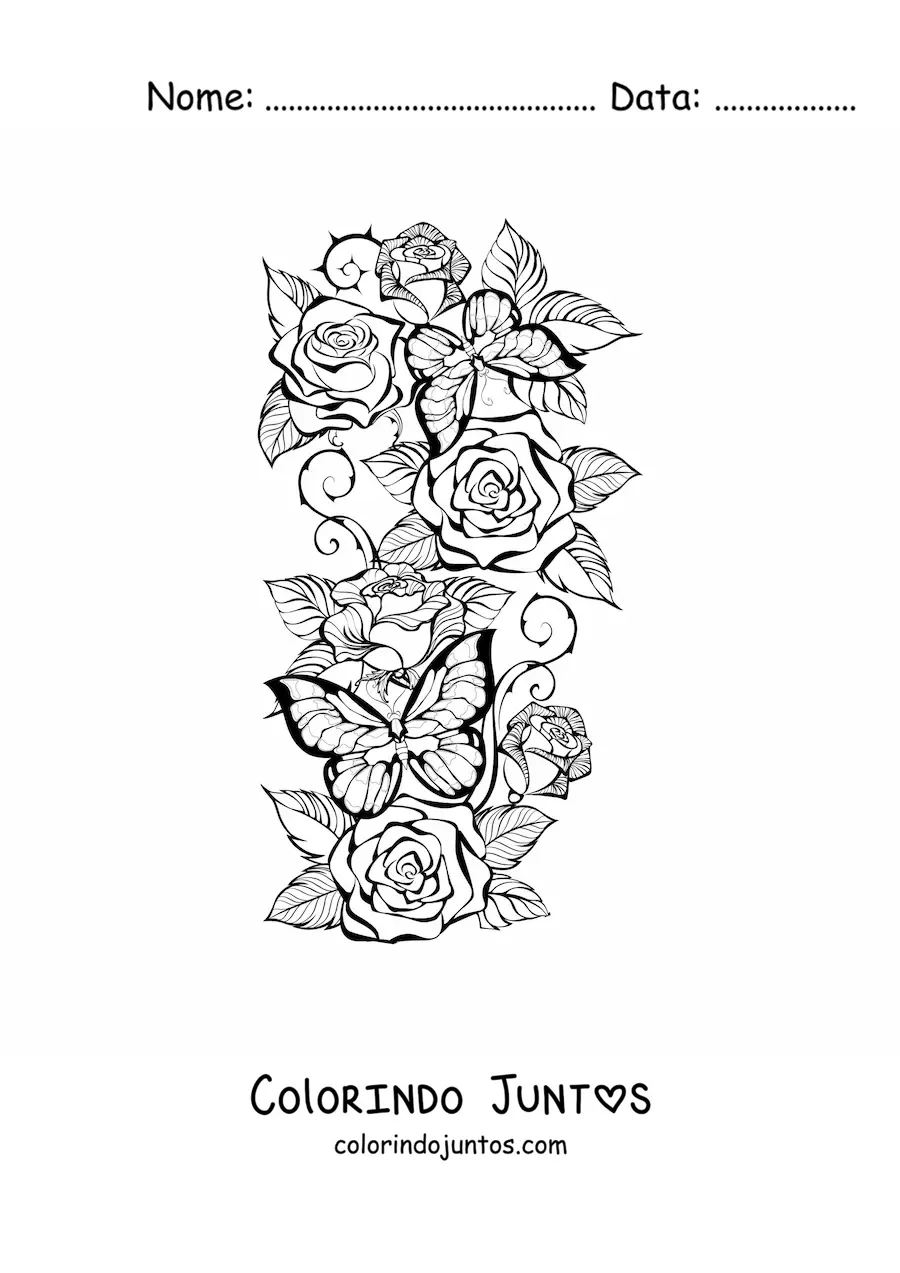 Desenho para colorir de várias rosas lindas com duas borboletas