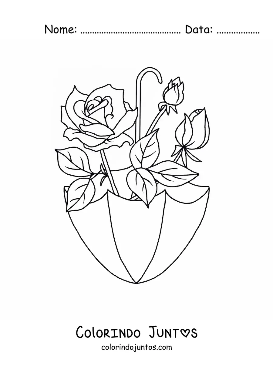 Desenho para colorir de uma rosa e dois botões de rosa dentro de uma sombrinha