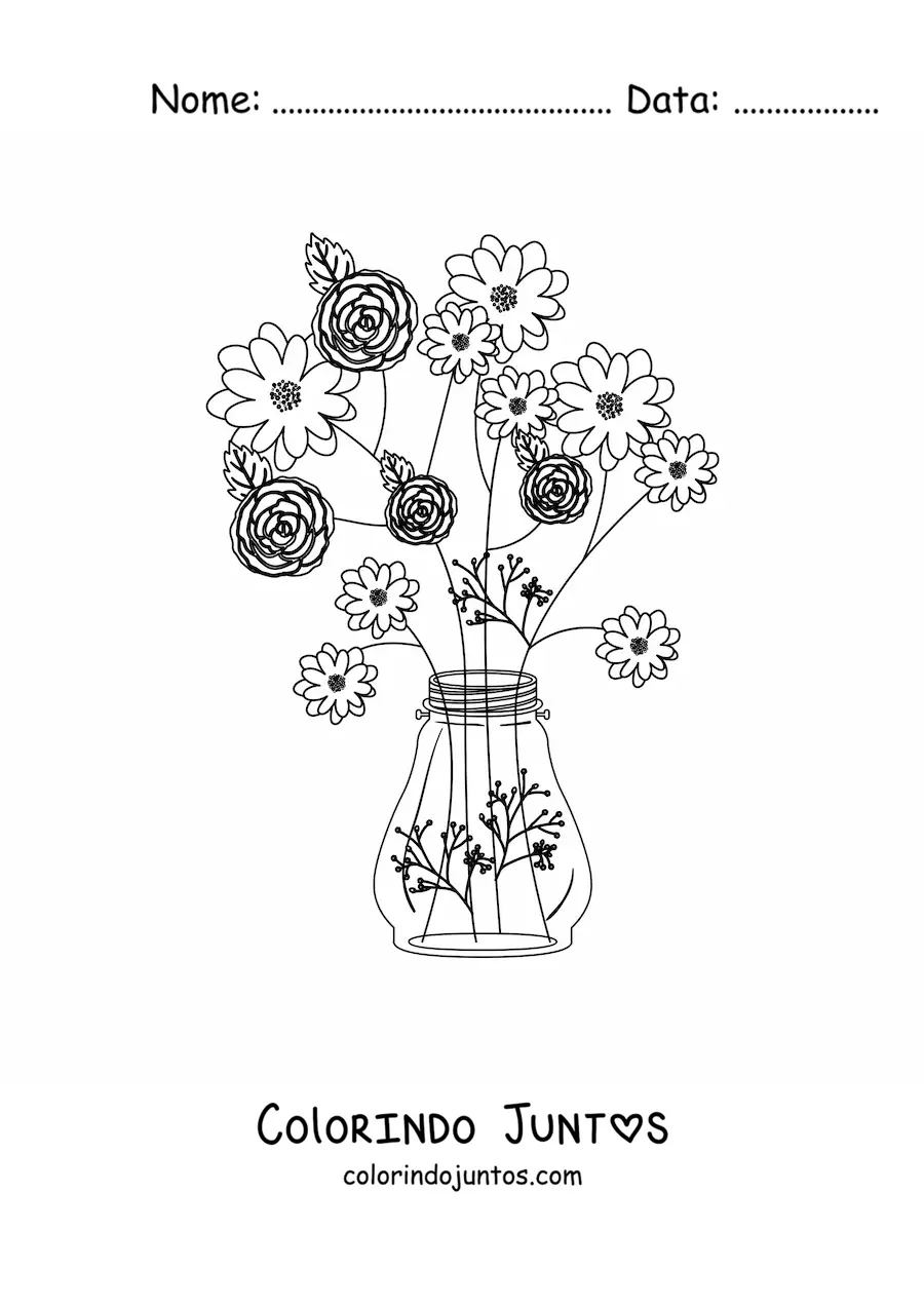Desenho para colorir de um vaso com quatro rosas e outras flores