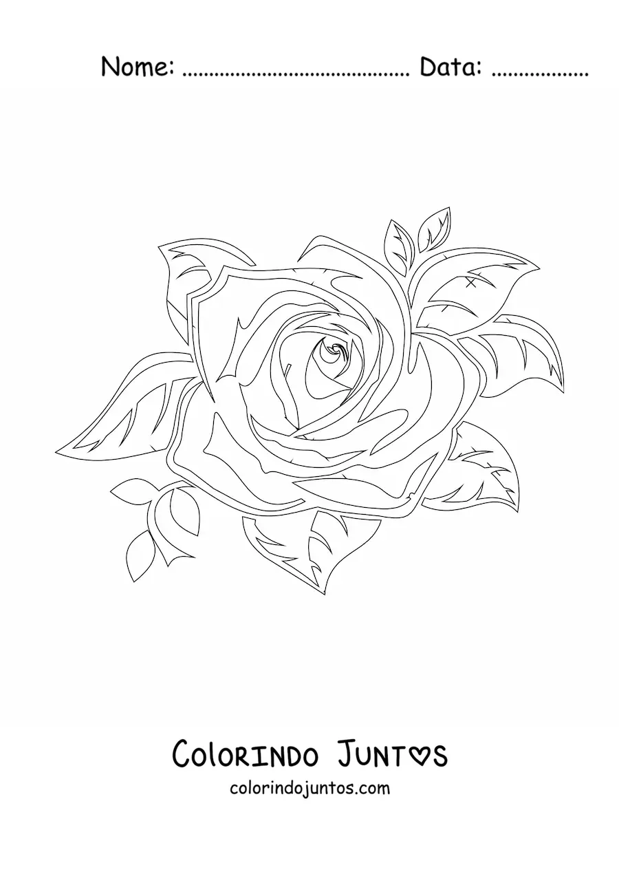 Desenho para colorir de uma rosa grande realista com folhas