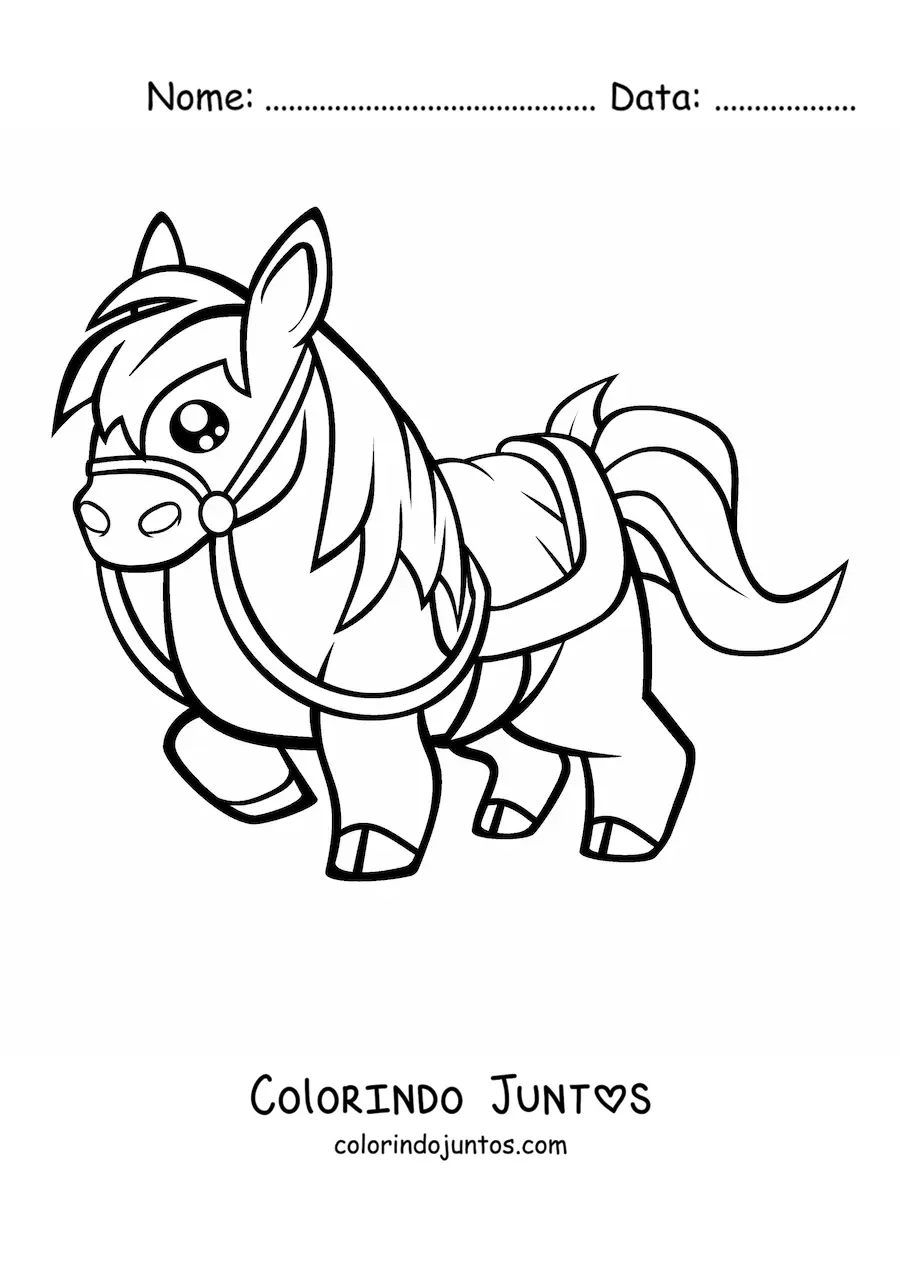 Desenho para colorir de um cavalo kawaii selado levantando uma pata