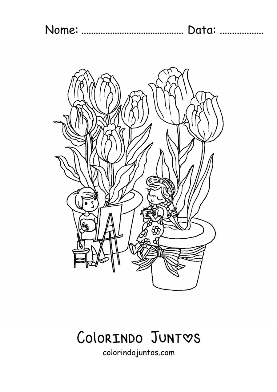 Desenho para colorir de vários tulipas e duas crianças kawaii