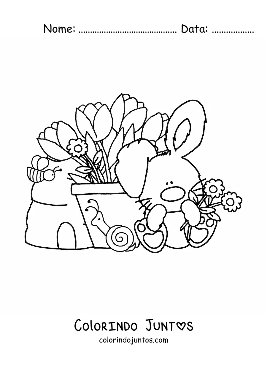 Desenho para colorir de um coelho animado kawaii com tulipas e flores