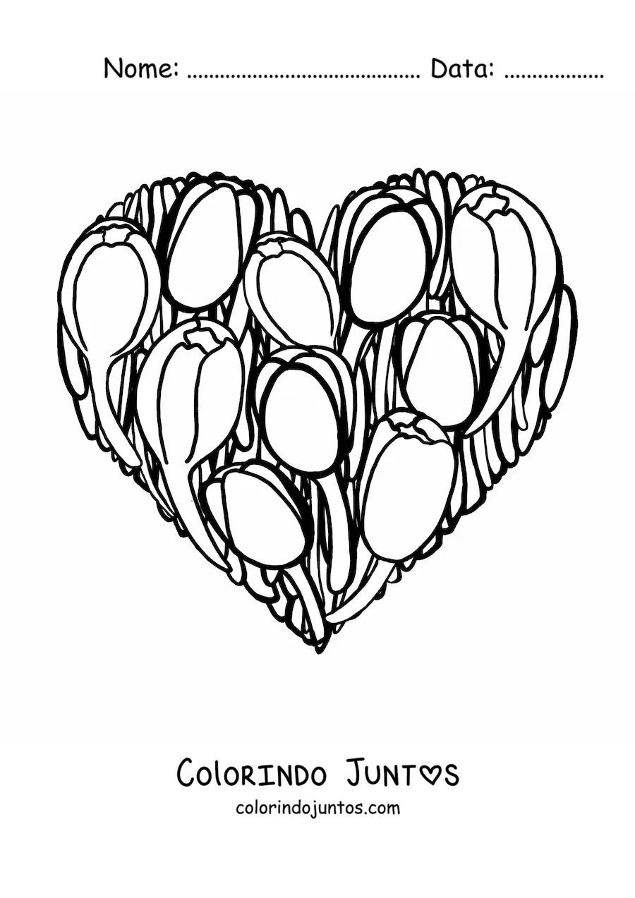 Desenho para colorir de um coração de tulipas