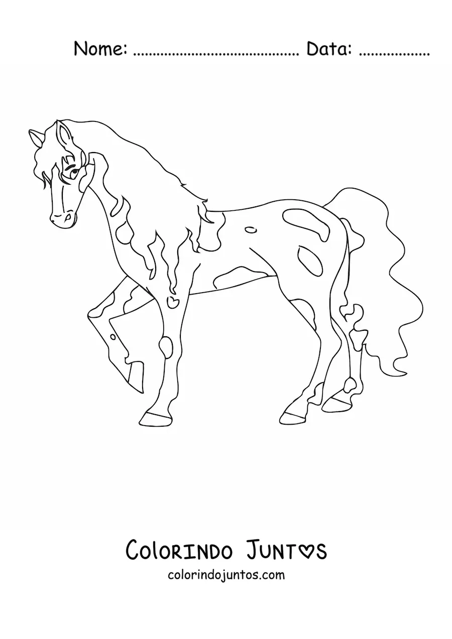 Desenho para colorir de um cavalo com manchas levantando uma pata