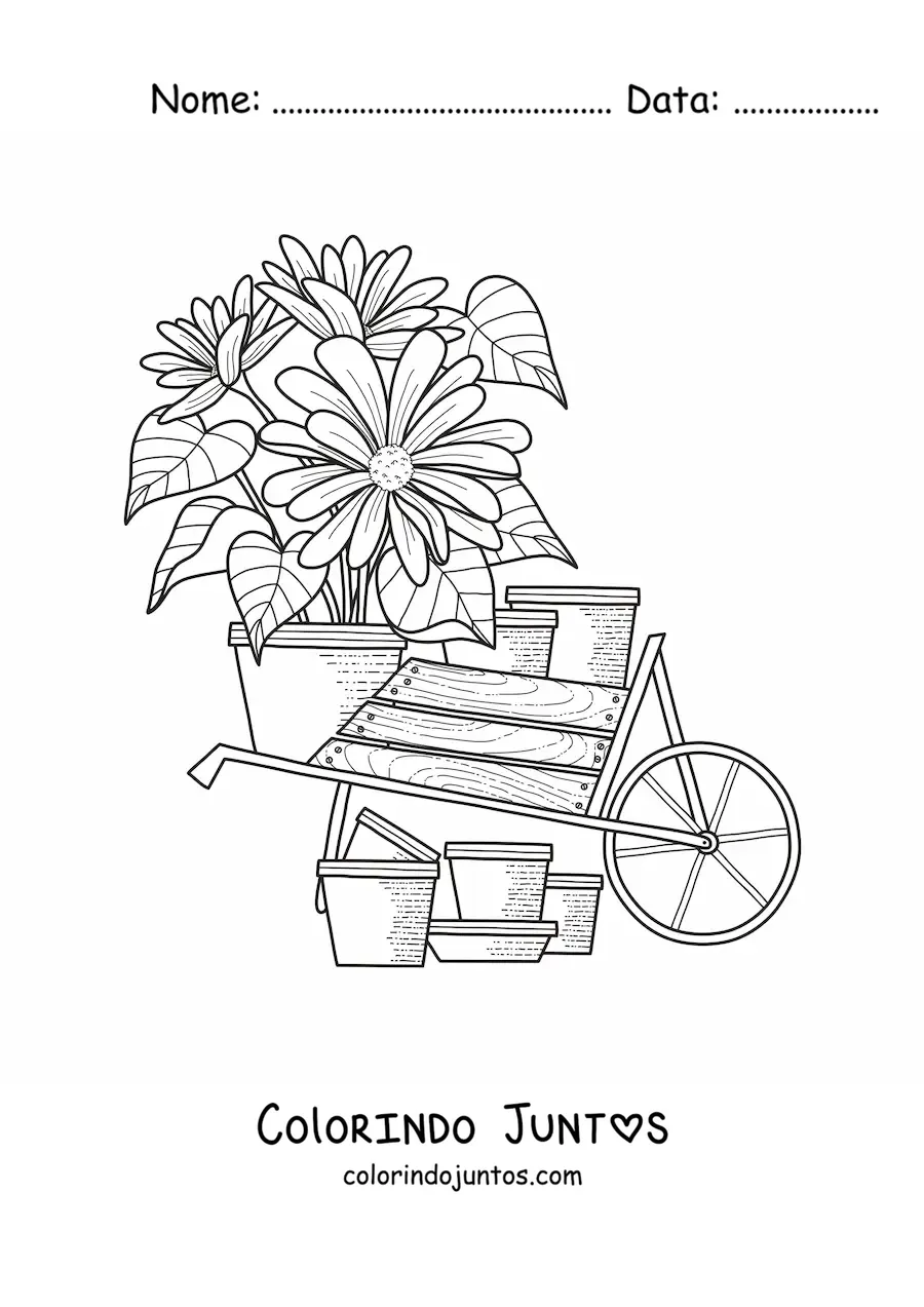 Desenho para colorir de uma carroça com margaridas