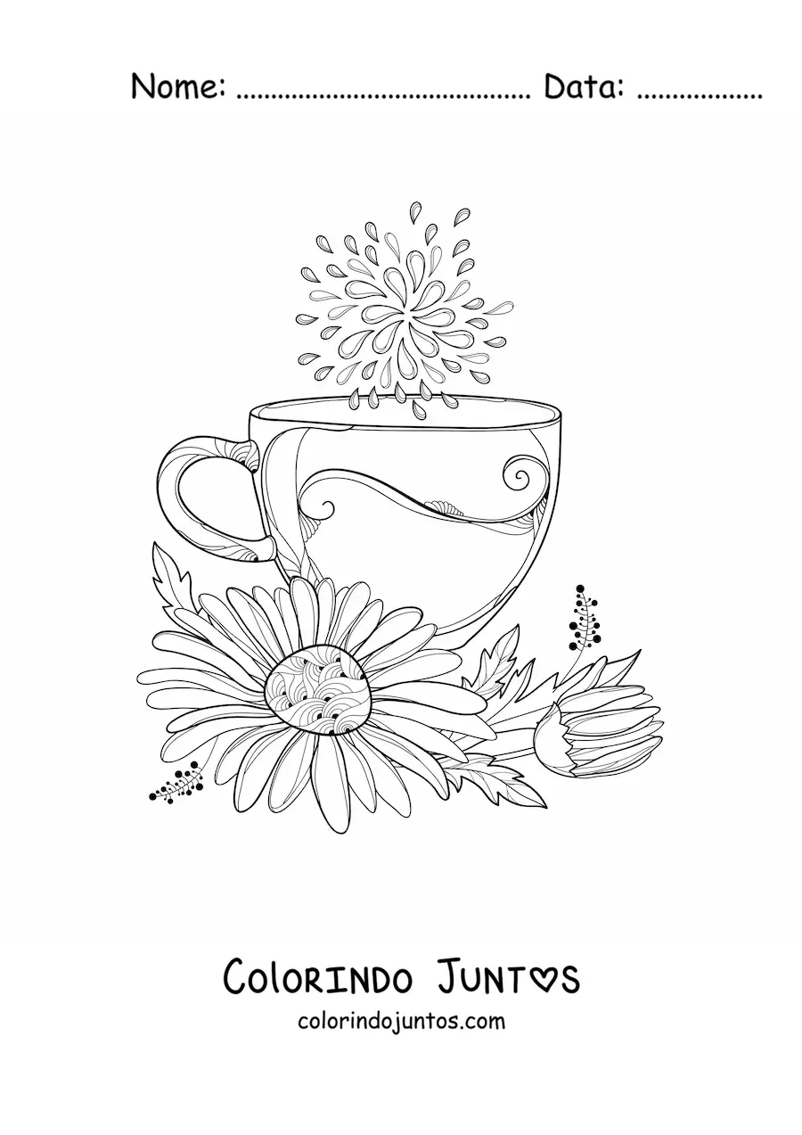 Desenho para colorir de uma xícara de chá com uma margarida