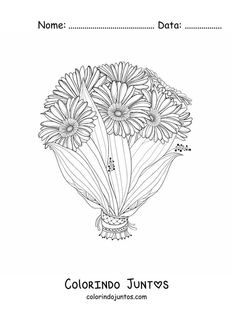 Desenho para colorir de um buquê de margaridas com folhas