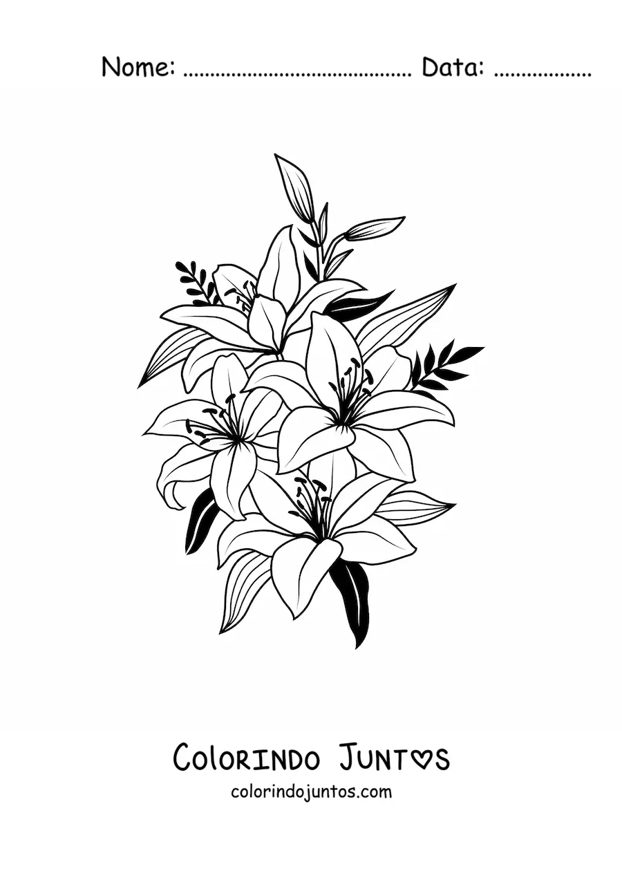 Desenho para colorir de vários lírios lindos com folhas