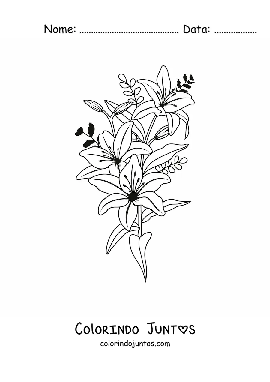 Desenho para colorir de três lírios lindos com folhas