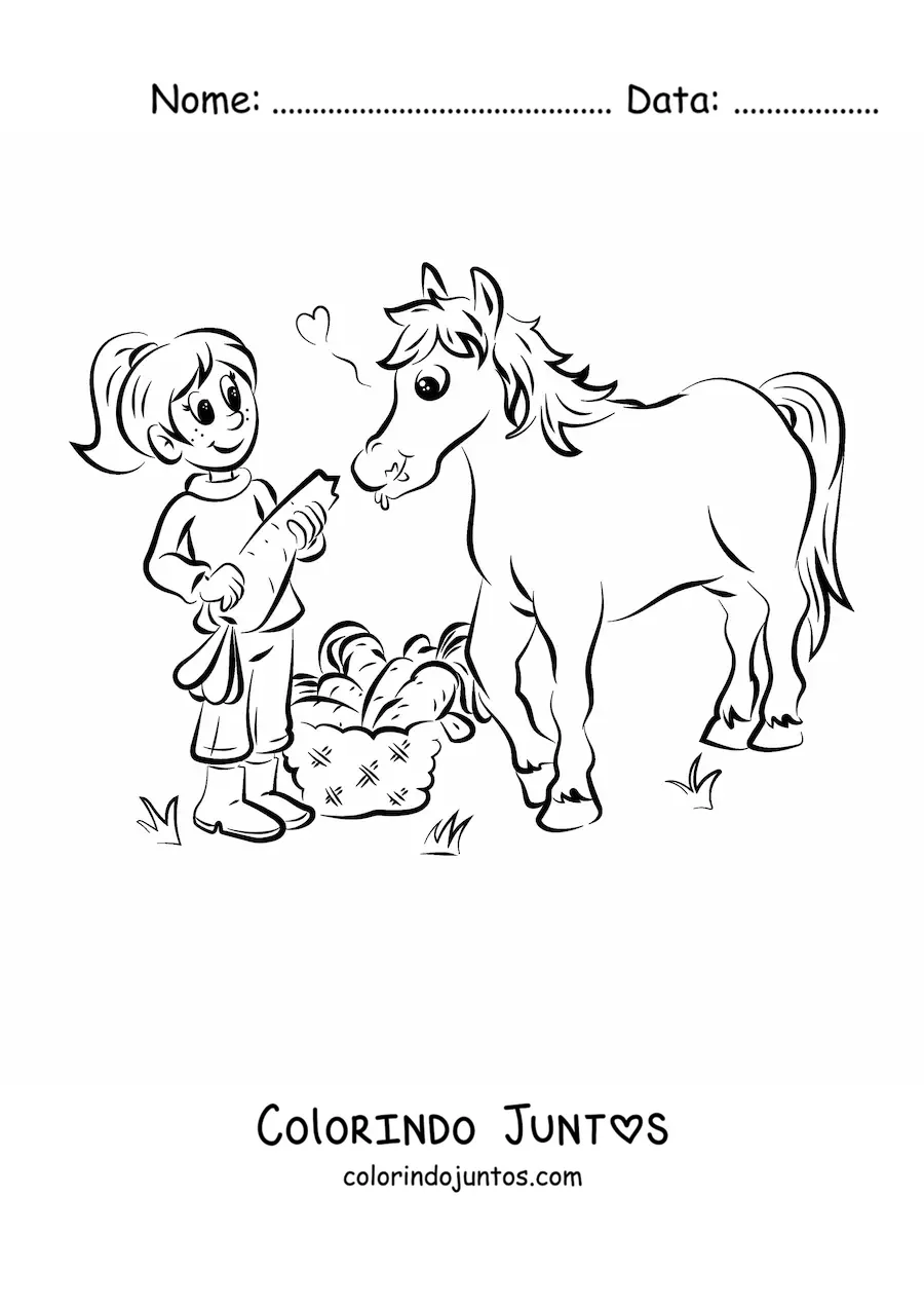 Desenho para colorir de uma menina alimentando um cavalo com uma cenoura enorme