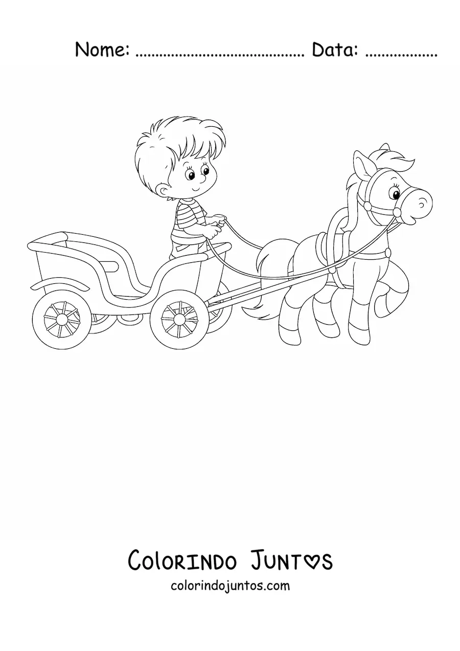 Desenho para colorir de um menino sobre uma carruagem puxada por um cavalo
