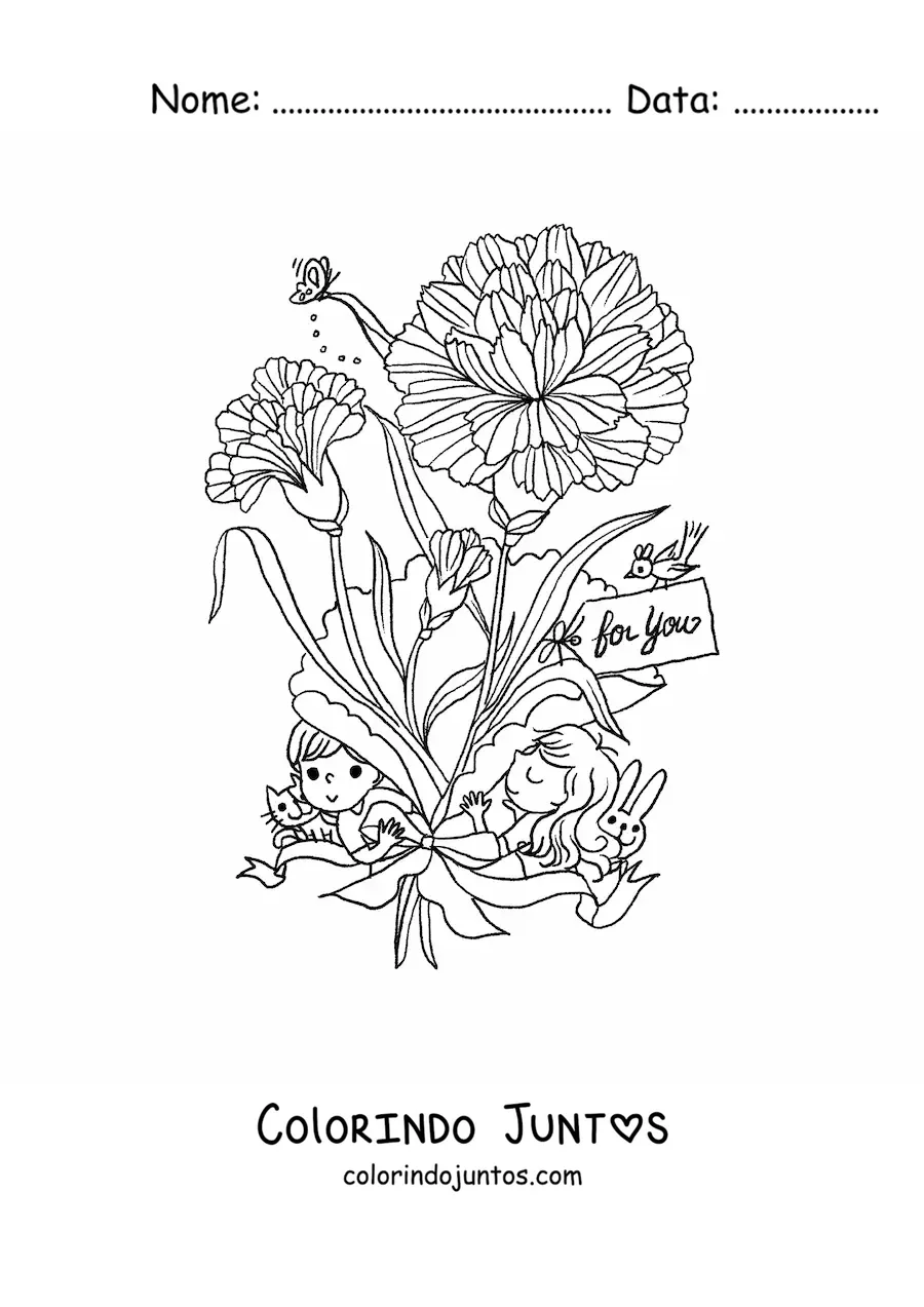 Desenho para colorir de uns cravos com crianças kawaii