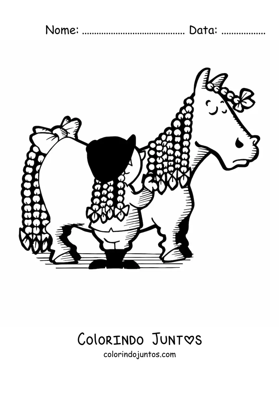 Desenho para colorir de uma menina com tranças penteando a crina longa e trançada de um cavalo