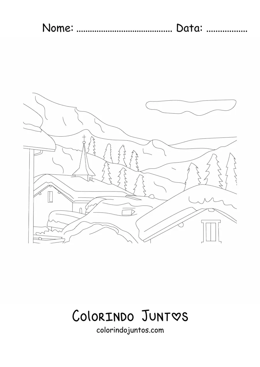 Desenho para colorir de uma paisagem de casas com neve