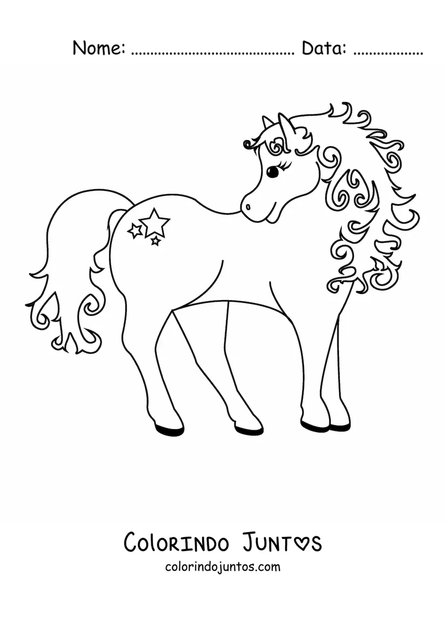 Desenho para colorir de um pônei olhando para trás com uma estrela na coxa