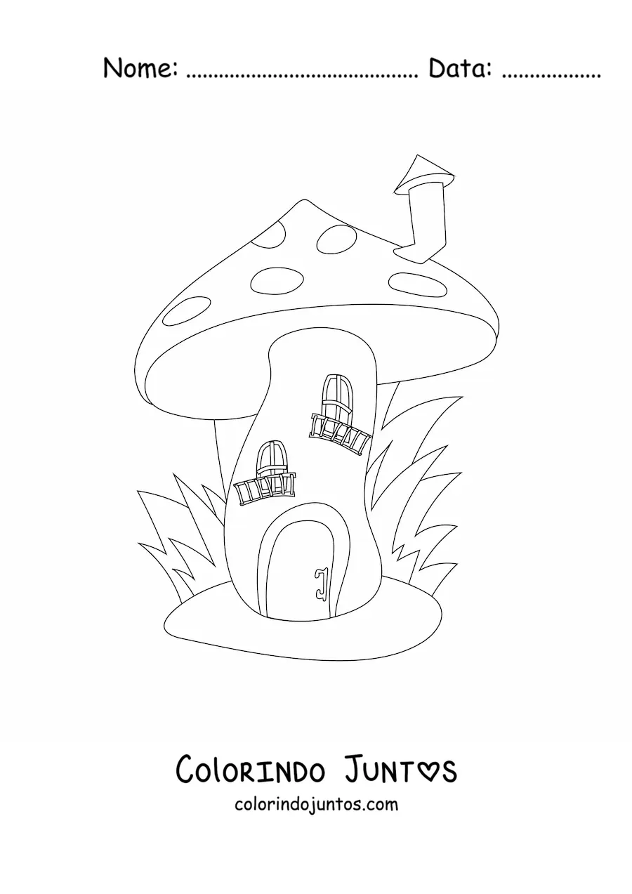 Desenho para colorir da casa de um duende em forma de cogumelo com chaminé