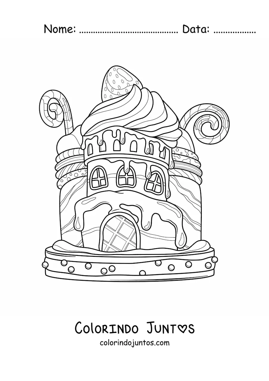 Desenho para colorir de uma casa feita de doces