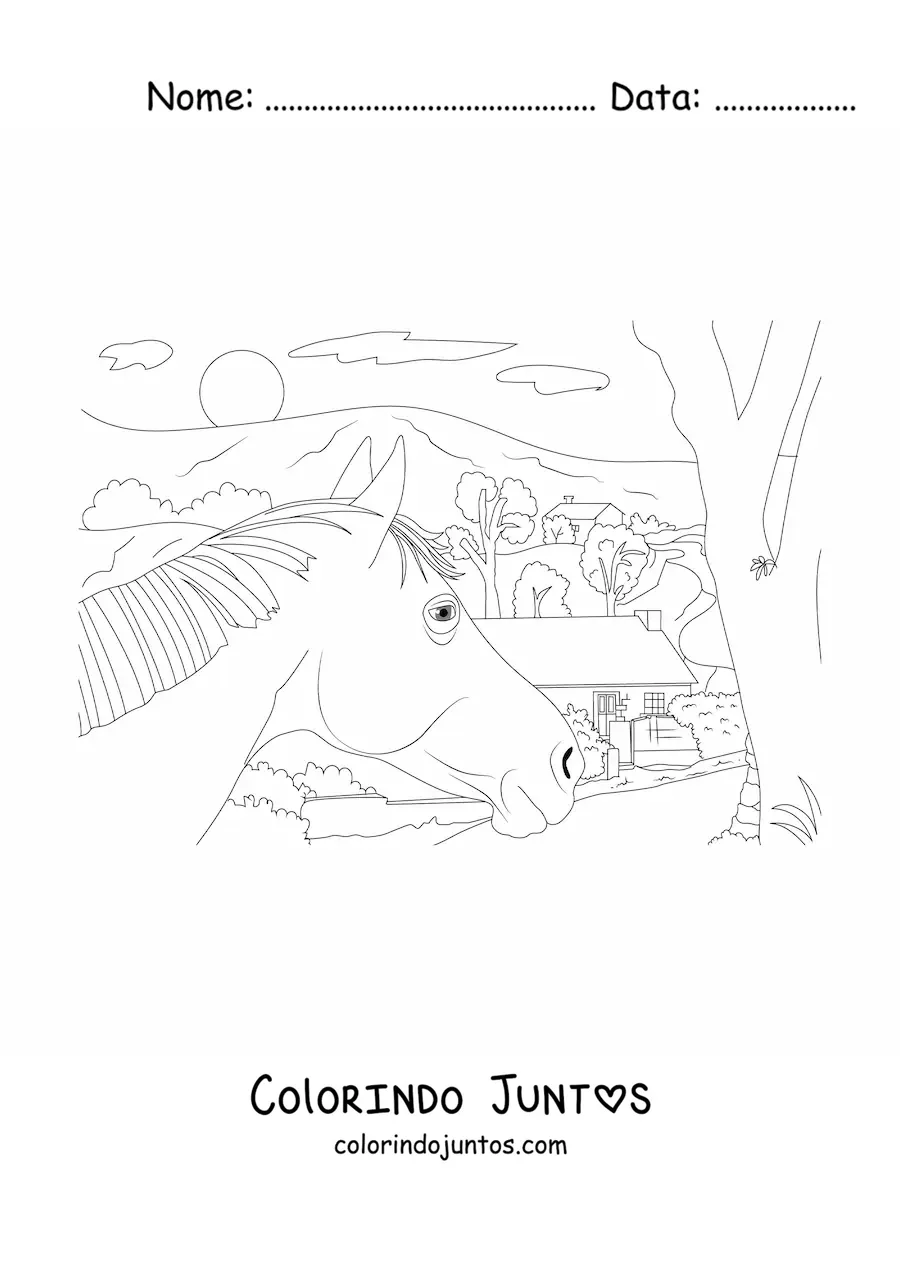 Desenho para colorir de uma casa de campo com um cavalo