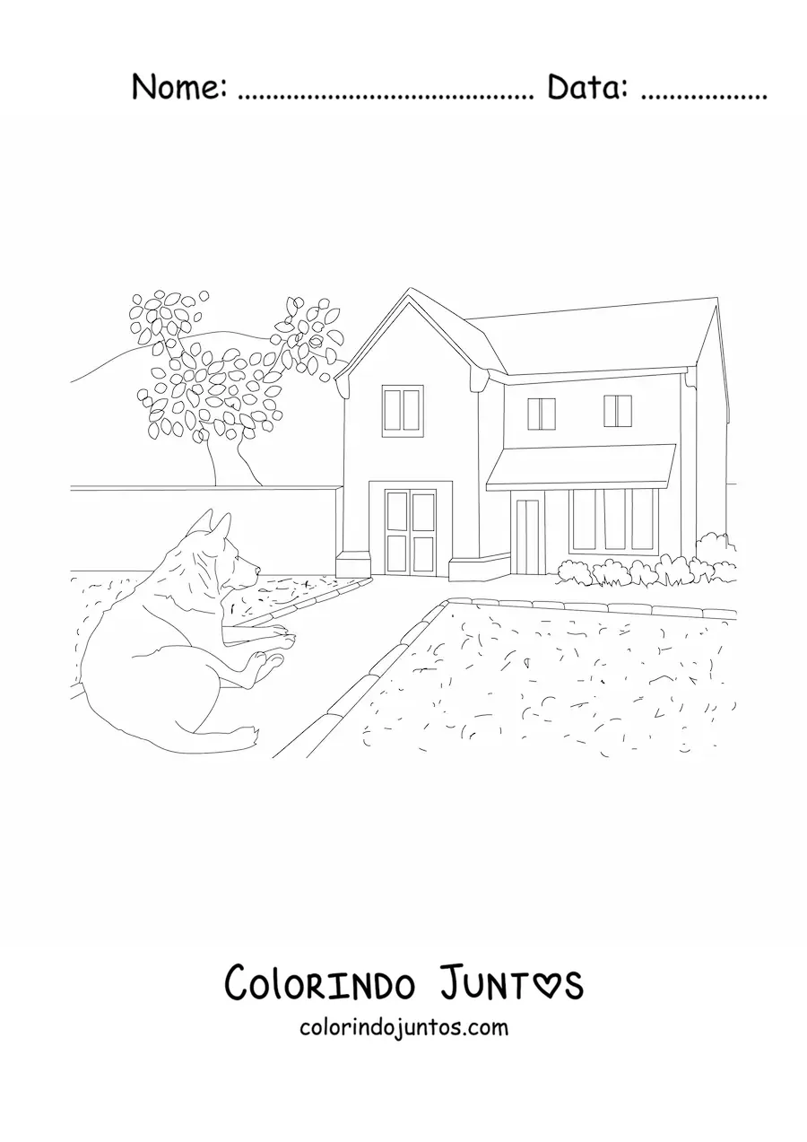 Desenho para colorir de uma casa com um cachorro e um jardim
