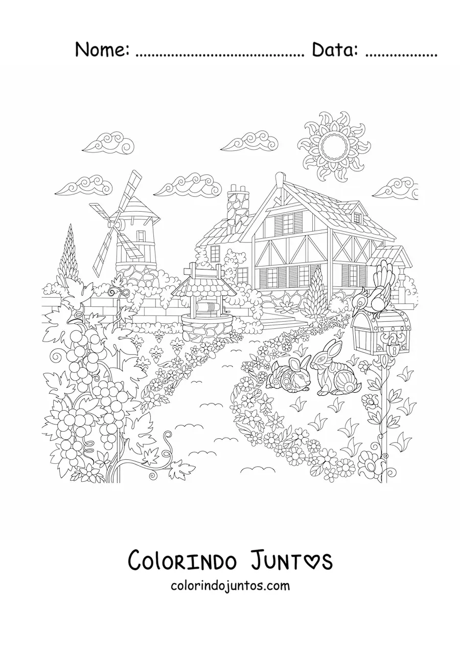Desenho para colorir de uma casa de campo com um moinho