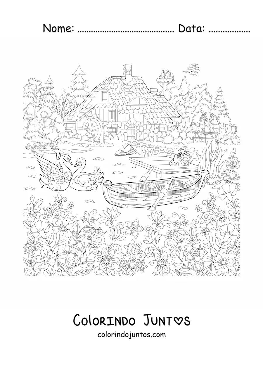 Desenho para colorir de uma casa na floresta com um lago com cisnes