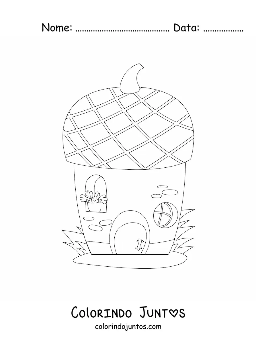 Desenho para colorir de uma casa de fadas em uma bolota