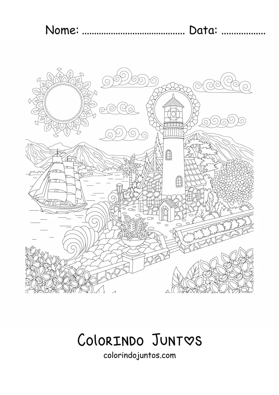 Desenho para colorir de uma casa junto ao mar perto de um farol