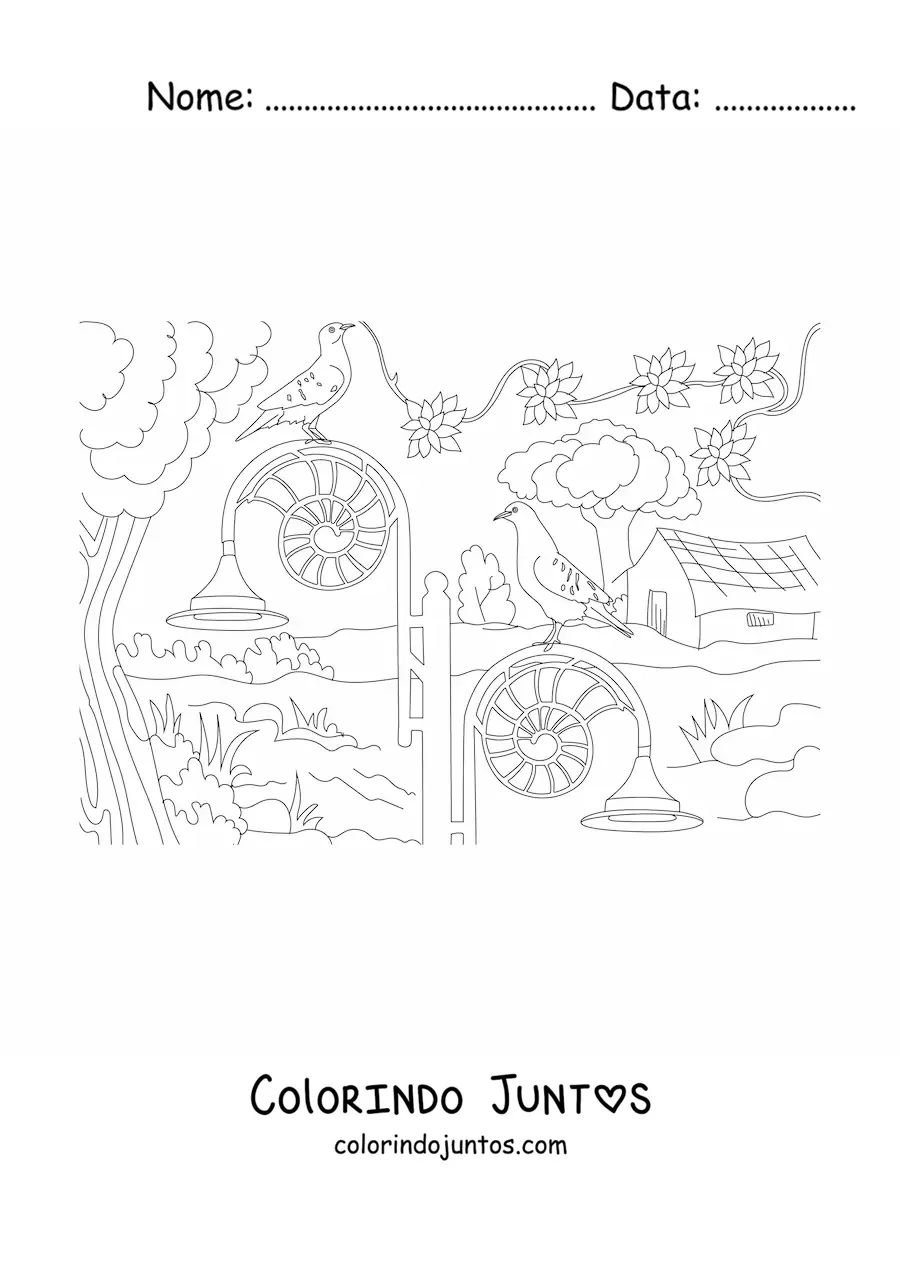 Desenho para colorir de uma casa de campo com jardim