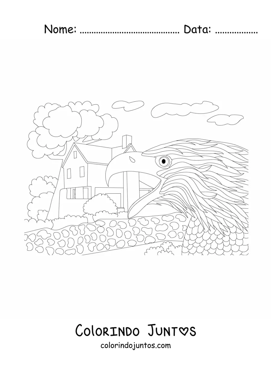 Desenho para colorir de uma águia perto de uma casa