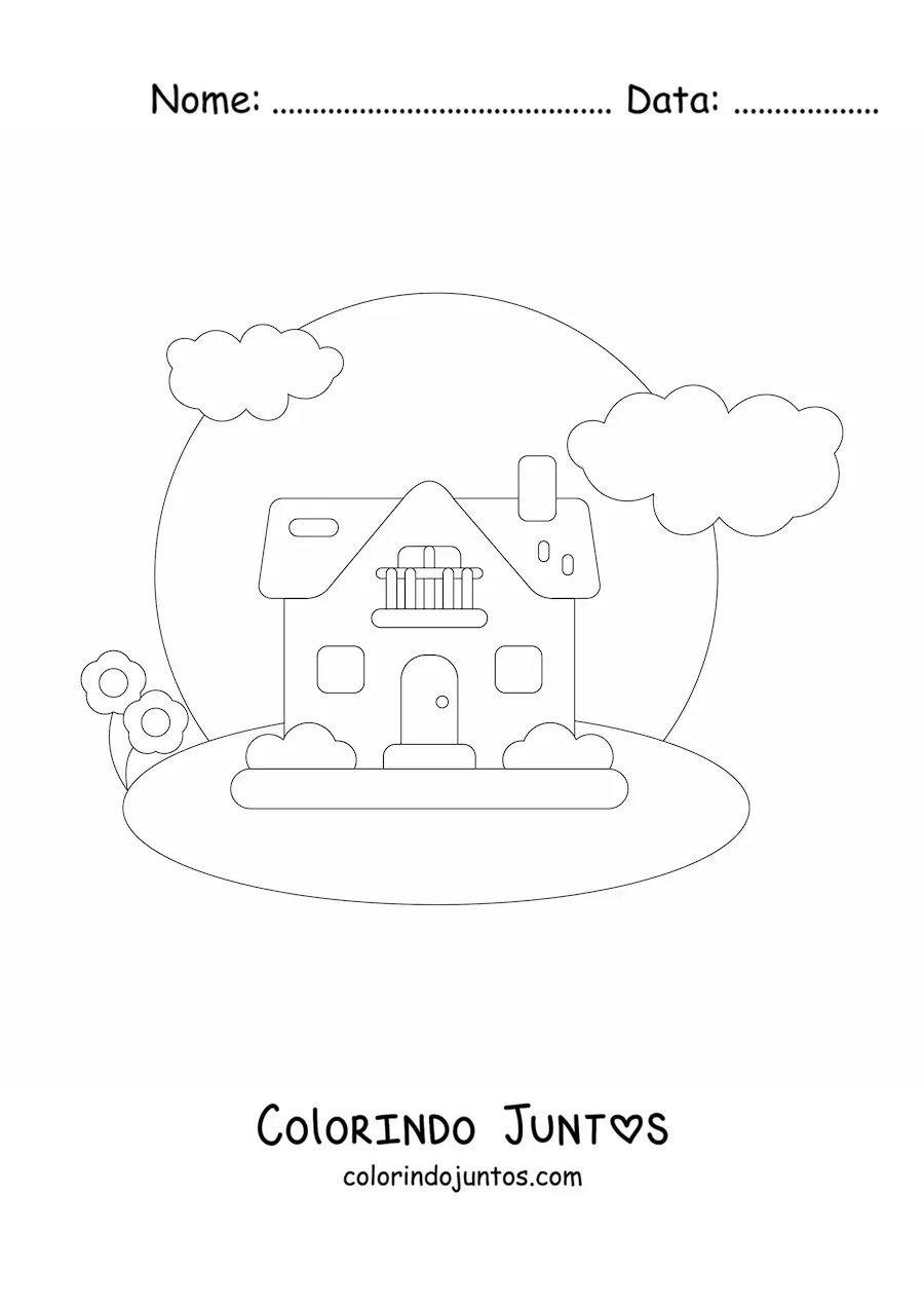 Desenho para colorir de uma casa com chaminé e varanda