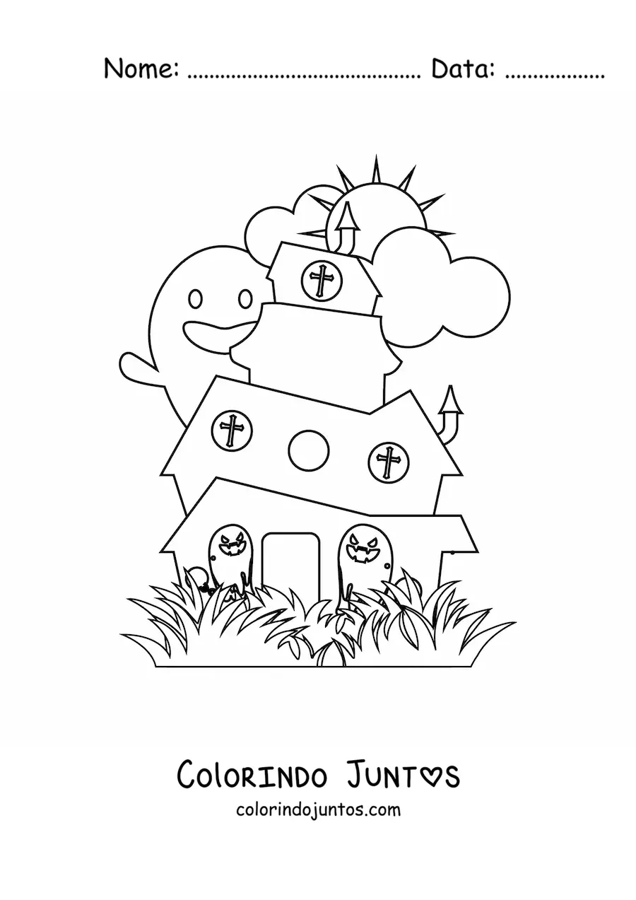Desenho para colorir de uma casa de terror com fantasmas