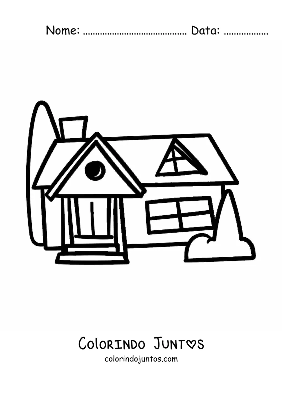 Desenho para colorir de uma casa simples com arbustos