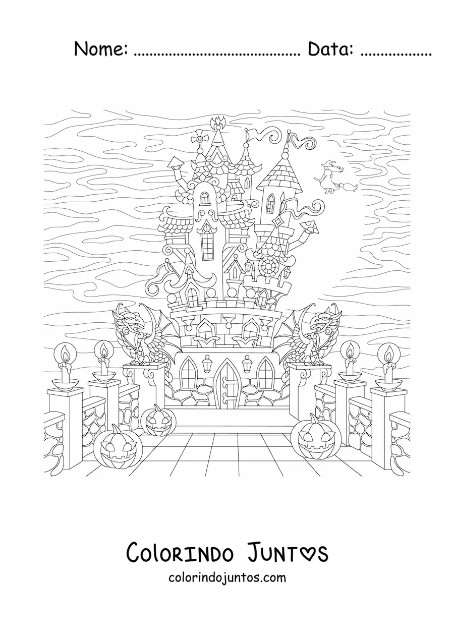 Desenho para colorir de um castelo assombrado com bruxas e fantasmas
